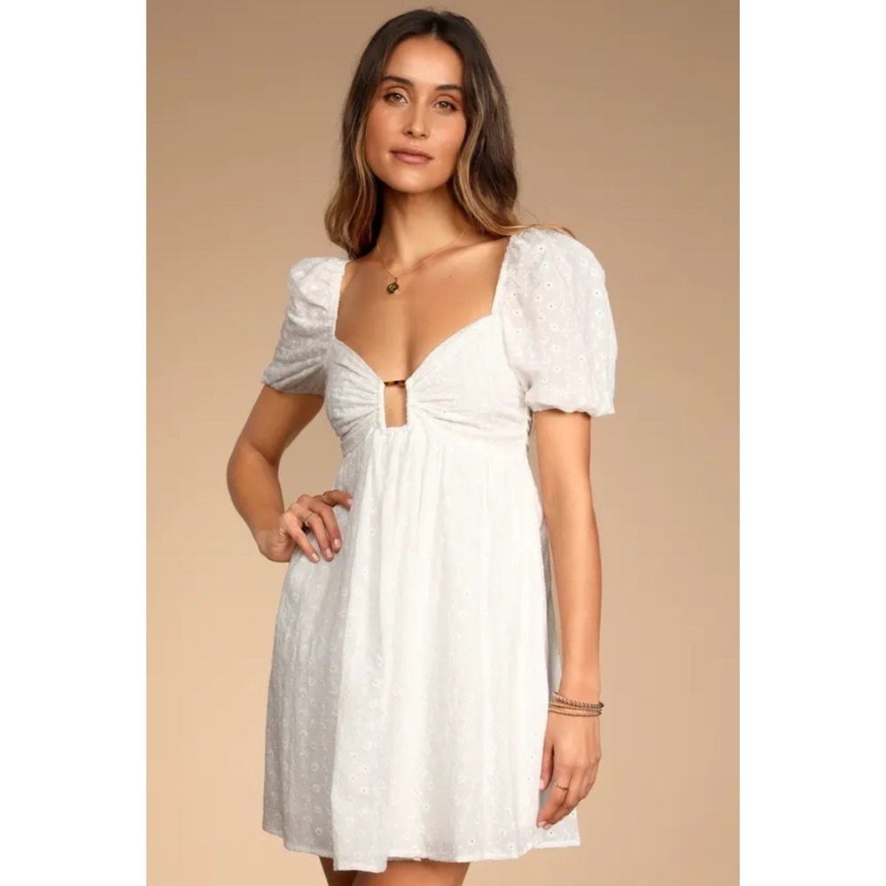 Fore Womens White 100% Cotton Eyelet Embroidered Babydoll Dress Size Large - Picture 2 of 10